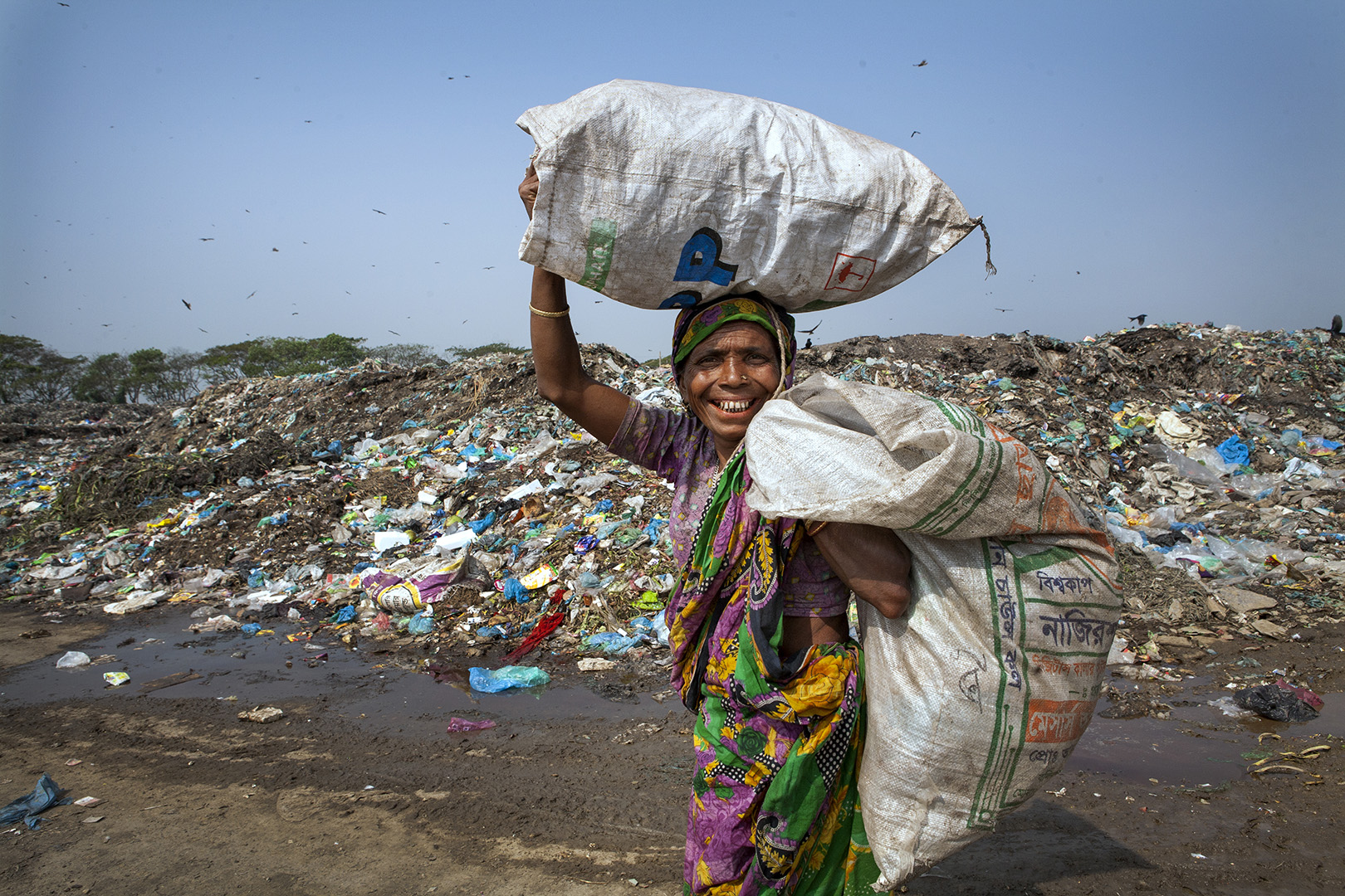 The women pick recyclables plastic materials to sell the Market for their livelihood in waste land, Sylhet, Bangladesh.